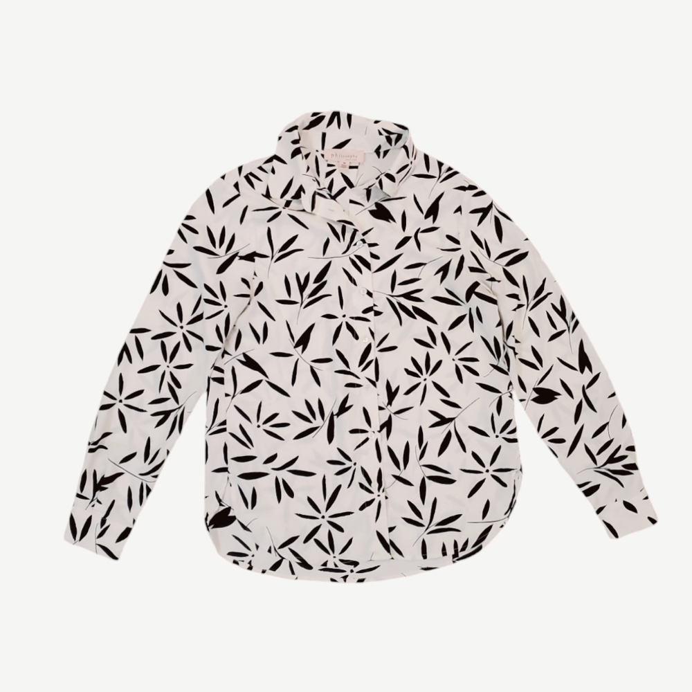 Philosophy Women's Ivory White Black Leaves Button Down Long Sleeve Blouse Small